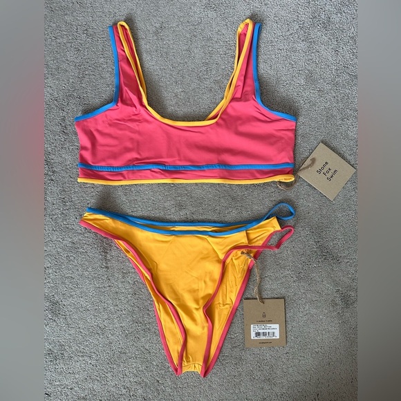 Stone Fox Swim XL Bikini Dhalia Top Echo Bottom Honeycomb Sunset Pink Colorblock - Picture 5 of 10